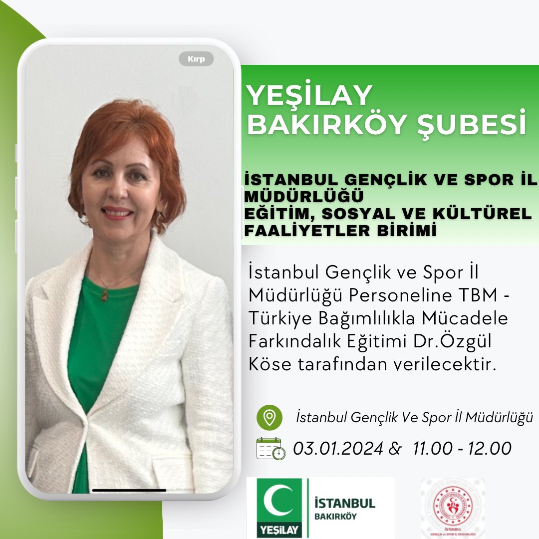 İstanbul Gençlik ve Spor İl Müdürlüğü Personeline TBM &amp; Türkiye Bağımlılıkla Mücadele Farkındalık Eğitimi Dr.Özgül Köse tarafından verilecektir.
📍 İstanbul Gençlik ve Spor İl Müdürlüğü Bakırköy /İstanbul 

#farkındalık
#farkındalıkeğitimi
#tbmeğitimi 
#yeşilay
#YeşilayBakırköy