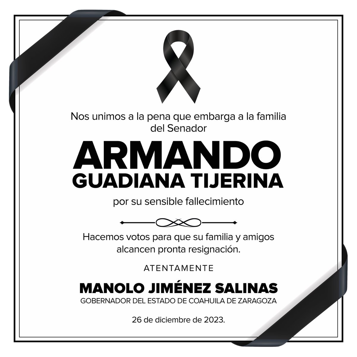 manolojim's tweet photo. Lamentamos profundamente el sensible fallecimiento del senador Armando Guadiana Tijerina con quien, a pesar de los temas políticos, tuvimos una muy buena relación. 
El ingeniero será recordado por su carisma, su dedicación y compromiso con #Coahuila. (1/2) https://t.co/WDfEbcyT3M