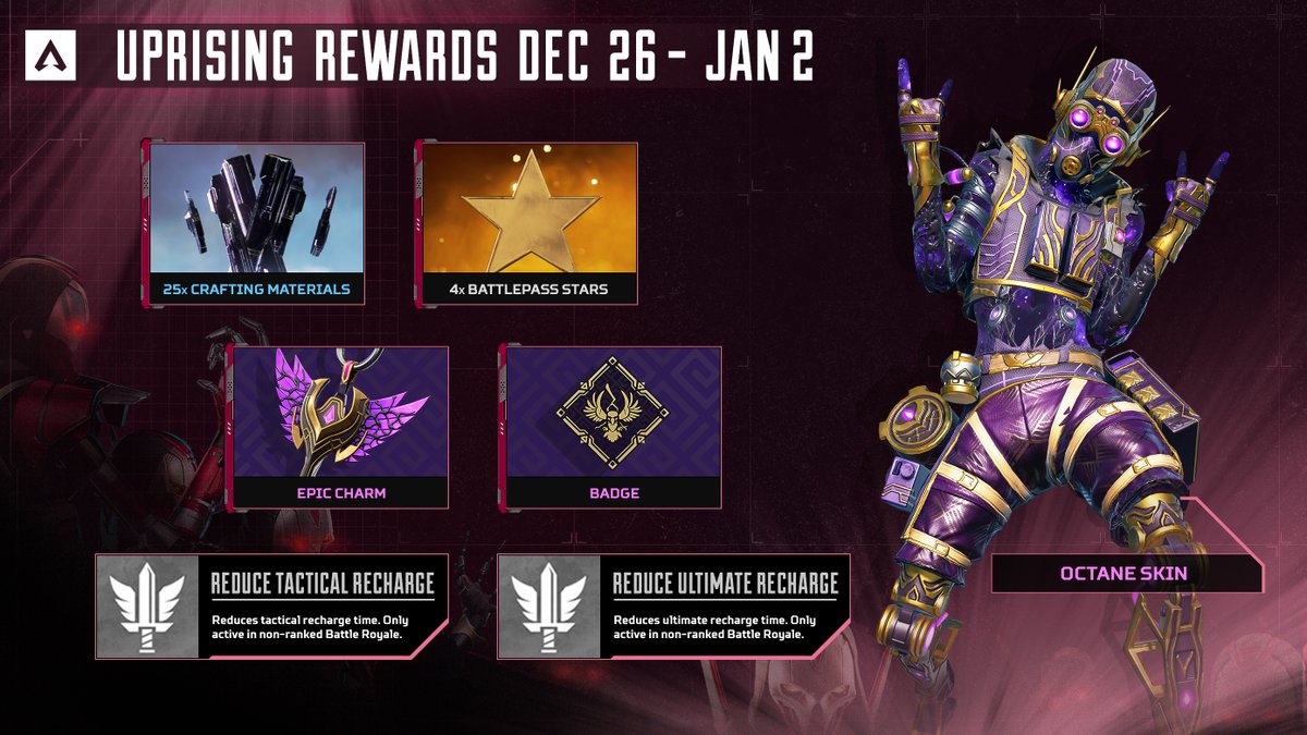 PlayApex's tweet photo. The final week of the Uprising Collection Event has arrived! Complete your Reward Track to unlock new perks, an Octane skin, and more 🔥 https://t.co/efivHJ0HNq