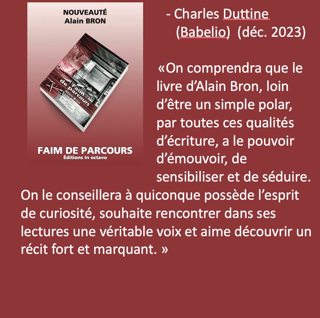 'Faim de parcours' : une remarquable note de lecture de Ch. Duttine dans Babelio :
babelio.com/livres/Bron-Fa…
Bonne lecture !
�#romans #alainbron #enquete #personneagee #histoiremilitaire #oise #parisjetaime #Brigadecriminelle #humour #amour #guerremondiale #asile #hautsdefrance