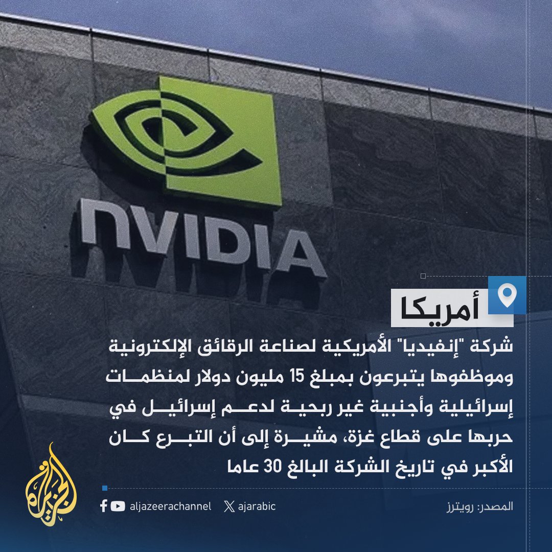 AJArabic's tweet photo. "آلاف الموظفين من أكثر من 30 دولة تبرعوا بـ5 ملايين دولار، والشركة أضافت 10 ملايين دولار".. "إنفيديا" الأمريكية تتبرع بأكبر مبلغ في تاريخها لإسرائيل
#حرب_غزة https://t.co/5g4AEhokPF
