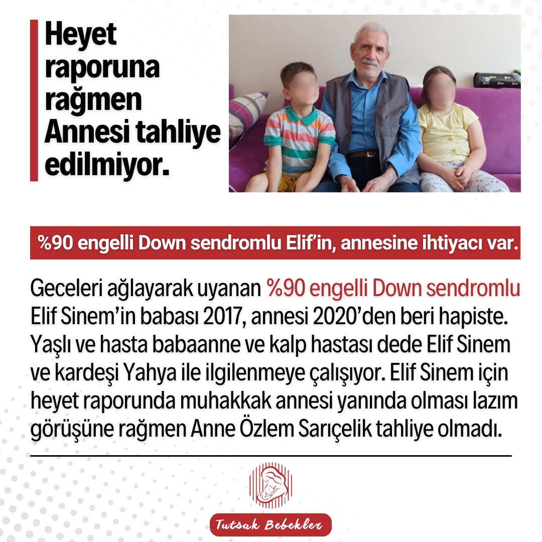 Elif ve kardeşi 6 yıldır babalarına, 3 yıldır annelerine hasret.
8 kez böbrek ameliyatı olan, down sendromlu Elif bakıma muhtaç.
YusufKerim yasası ve adli tıp kurumu raporuna göre Özlem S. tahliye edilip çocuklarının yanına dönmeli.
DownSendromlu ElifAnnesiz
@ADLITIPKURUMU