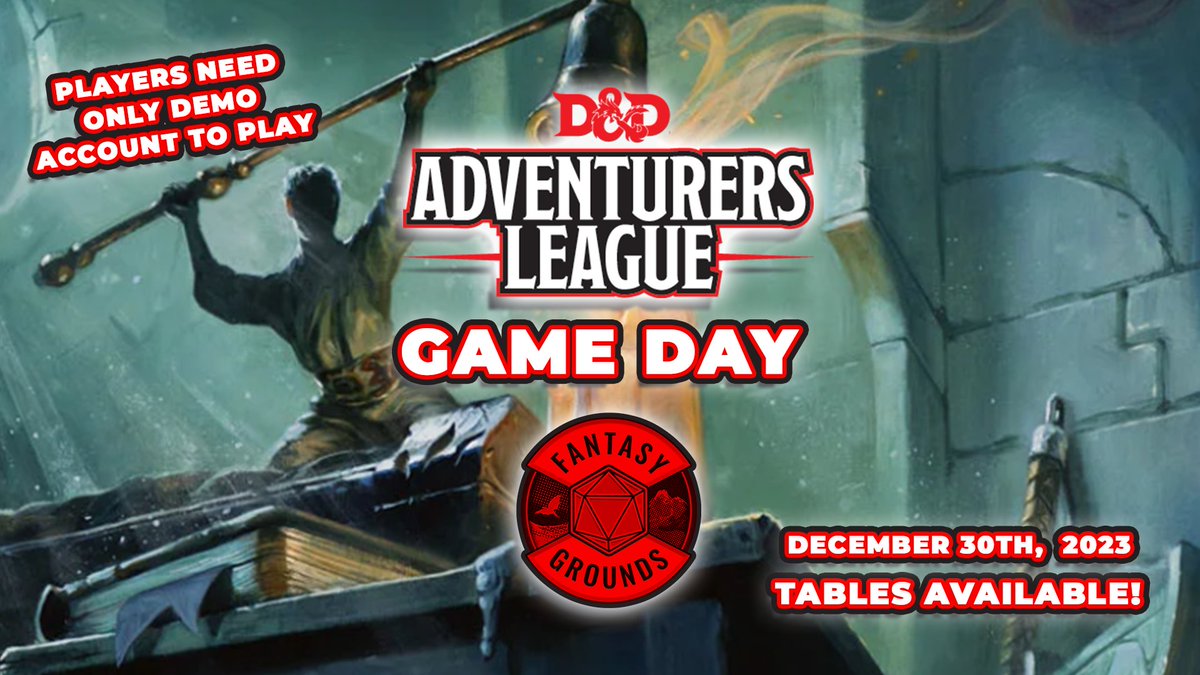 FantasyGrounds2's tweet photo. D&D Adventurers League on Fantasy Grounds
Game Day
Saturday, December 30, 2023
An ongoing official campaign for Dungeons & Dragons.
This is a Free event!
https://t.co/SVRj2r71ZZ
#DnD #dnd5e #FGGameDays #adventurersleague https://t.co/WtOojQpwPO