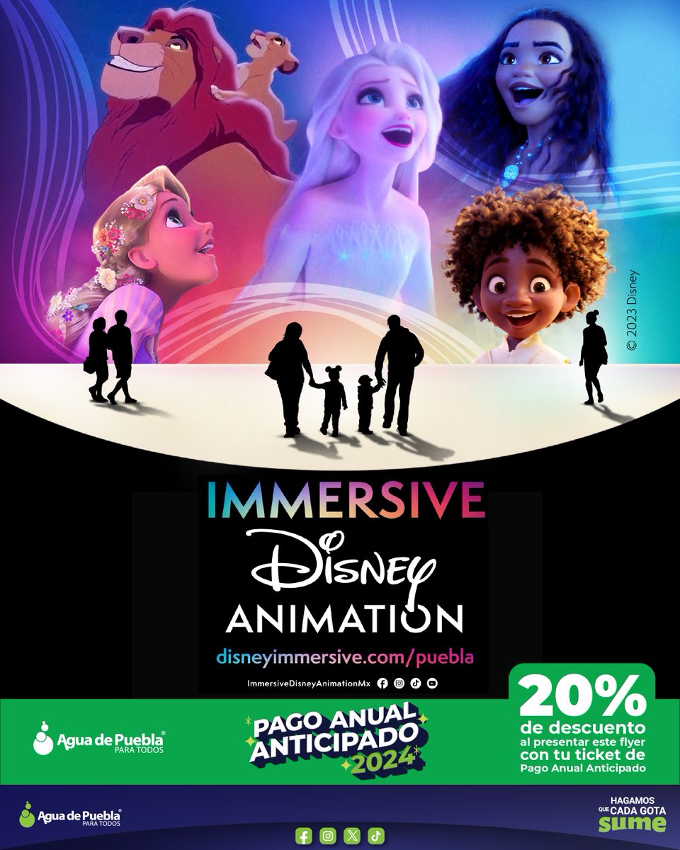 AguadePuebla's tweet photo. 🚨 Realiza tu pago anual anticipado 🚨 y obtén un 20% de descuento en tus entradas de Immersive Disney Animation 🎬🍿🧜🏻‍♀️❄️👸🏻 
Presenta tu ticket de pago en taquilla y disfruta de una experiencia única. https://t.co/nxFUTNUV68