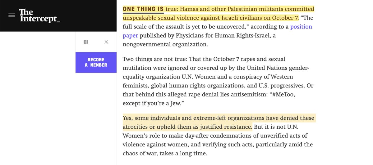 aaronjmate's tweet photo. In The Intercept, @JudithLevine declares:

"One thing is true: Hamas and other Palestinian militants committed unspeakable sexual violence against Israeli civilians on October 7." She adds that "some individuals and extreme-left organizations have denied these atrocities or upheld them as justified resistance." (https://t.co/0FMDvaMFmn)

The Nation's @KathaPollitt likewise declares that "Hamas fighters raped Israeli women and girls" on Oct, 7th, and that one has "to be a conspiracist or rape denialist" to question that. (https://t.co/rM0a9tajcT)

Actually, only one thing is true: as of now, there are only unsubstantiated claims of sexual violence against Israeli civilians on Oct. 7th, and ample grounds to question them.

There is no one who's claimed they were sexually assaulted. There is no physical or forensic evidence. (https://t.co/Q2eIBp3Foe)

Out of hundreds of Oct. 7th witnesses, only one person gave testimony claiming to have witnessed sexual violence, and their story is outlandish (including mutilation and necrophilia) and undermined by another witness. Another purported "witness" emerged nearly two months later and their story is even more ridiculous than the first individual. (This man claims to have witnessed the gang rape of a "beautiful woman with the face of an angel", followed by seeing a woman's head rolling on the ground after being dismembered with a shovel). 

Rape claims have been made by the Israeli group Zaka, which has been caught lying about beheaded babies and other atrocities. (https://t.co/jGzaiyrSZ3)

To allege rape, Israel used a photo of a Kurdish woman taken outside Israel. It then quietly deleted it. 

To support their declarations, both The Intercept and The Nation link to a @PHR_IL report. That PHR report approvingly cites the documented fraudsters Zaka. And PHR, by their own admission, has interviewed a grand total of zero witnesses.

Therefore, we are left only with unsubstantiated allegations and no corroborating evidence, lodged by a genocidal Israeli government that has been caught lying countless times. 

People who rush to parrot Israel's claims are therefore acting only on their own credulity and, I suspect, their own racist stereotypes of Muslim men. 

More in this thread: https://t.co/xJ5cnJw2x7