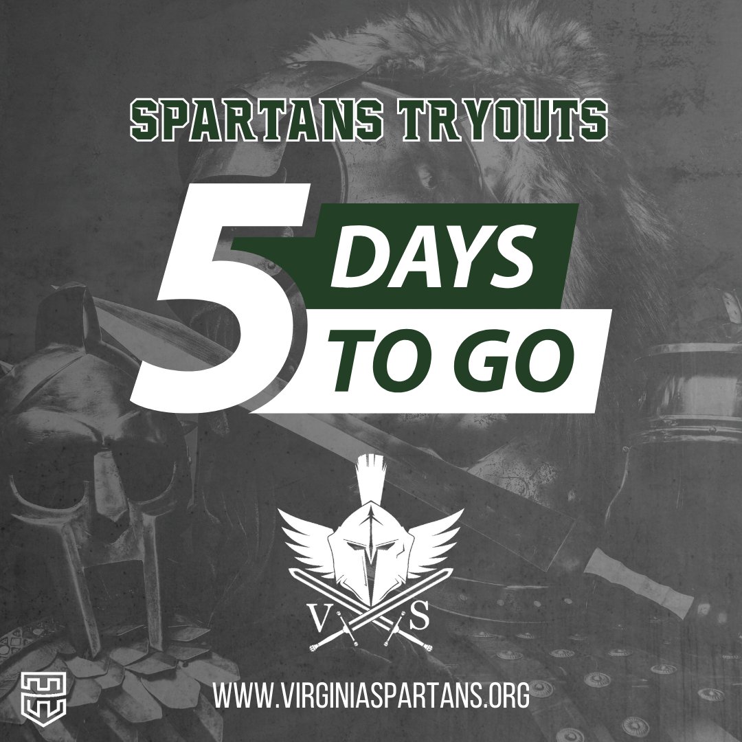 5 days left until tryouts! 🗓️5⃣🏈 Date: 12.31.23 Time: 9 - 11am Location: South Run Field House Tryout Registration: virginiaspartans.org Powered by @herofball | #TheFamily ⚔️