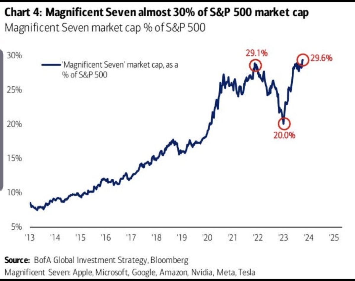 ERTMLTYXP's tweet photo. SEVEN companies account for 30% of the total value of the largest 500 companies in the U.S.

10 years ago the top seven accounted for less than 10% of the total value. 

Do you feel the S&P 500 is more stable because a third of its total value is controlled by these 7 powerhouses. Or,  does this make you feel like the S&P 500 has greater volatility potential?