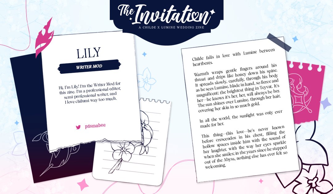 ChilumiWedding's tweet photo. 🩷 Mod Spotlight 🩷 

Continuing with our mod intros, @prismabee is our Writer Mod! Her professional editing experience and beautiful fiction assures us that our writers will be in great hands! 😊

#chilumi #fanfiction #writer #genshinzine #childe #lumine https://t.co/isSJjk3UaD