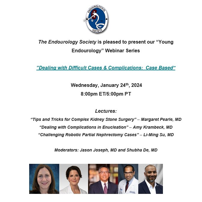 New in 2024: Young Endourology @young_endosoc Webinar Series Join Drs. Margaret Pearle @amy_krambeck @LiMingSu1 Jason Joseph and Shubha De for a candid conversation about difficult cases and complications. 📅January 24 🕛8:00 p.m. EST Register: blbmeetings.zoom.us/webinar/regist…