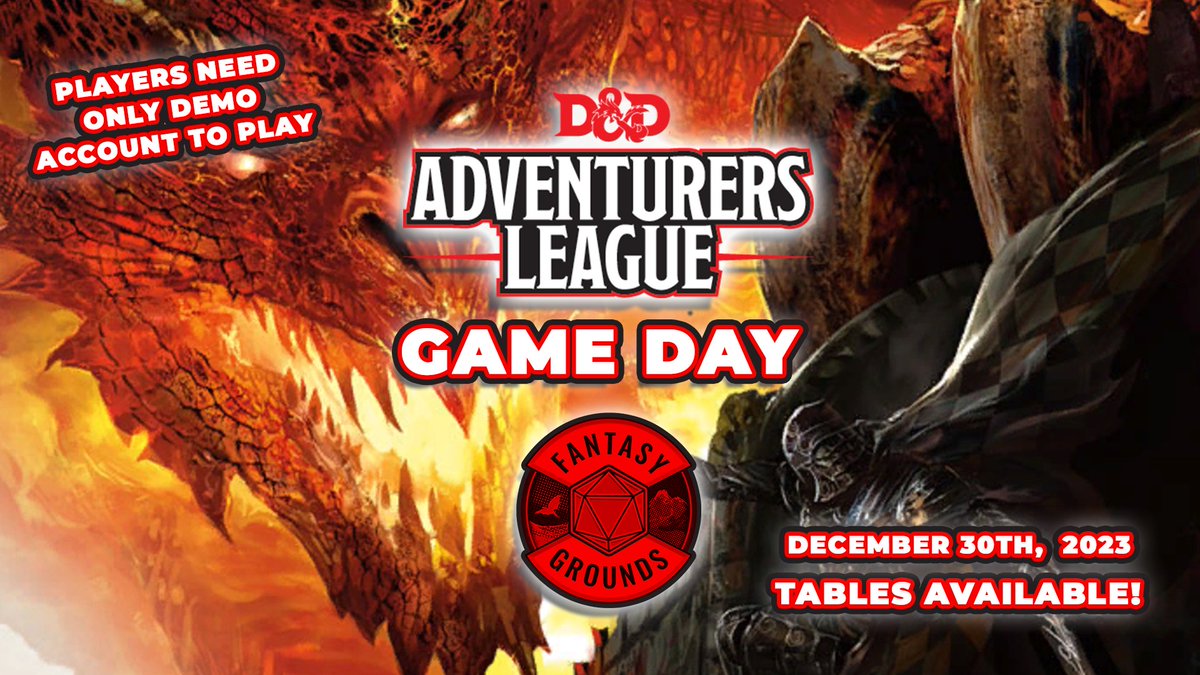 FantasyGrounds2's tweet photo. D&D Adventurers League on Fantasy Grounds
Game Day
Saturday, December 30, 2023
An ongoing official campaign for Dungeons & Dragons.
This is a Free event!
https://t.co/SVRj2r71ZZ
#DnD #dnd5e #FGGameDays #adventurersleague https://t.co/tbeGj8Y2d5