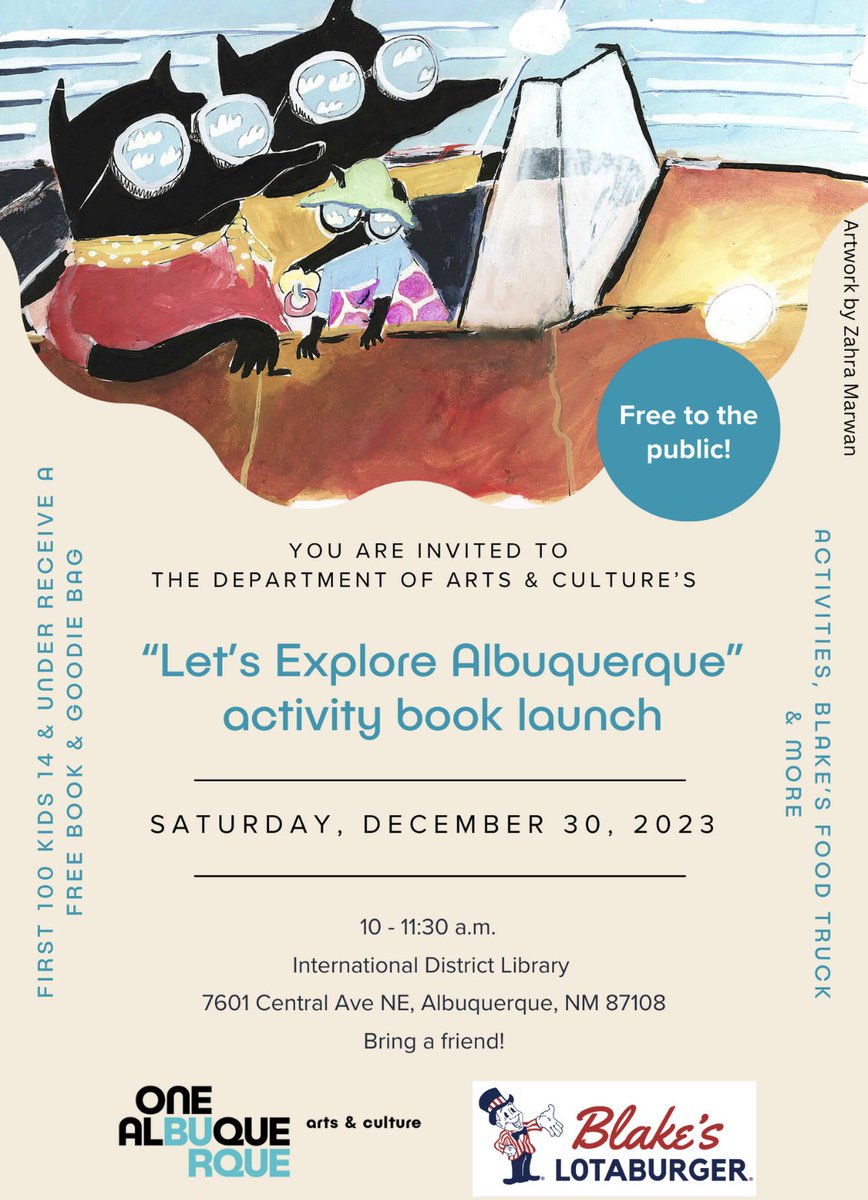 theabqlibrary's tweet photo. 📣 Exciting News! Join us for the launch of the "Let's Explore Albuquerque" activity book by the Department of Arts &amp; Culture.

📅 Date: Saturday, December 30
🕙 Time: 10:00 a.m. - 11:30 a.m.
📍 Venue: International District Library https://t.co/aoNZ0kA4Ze
