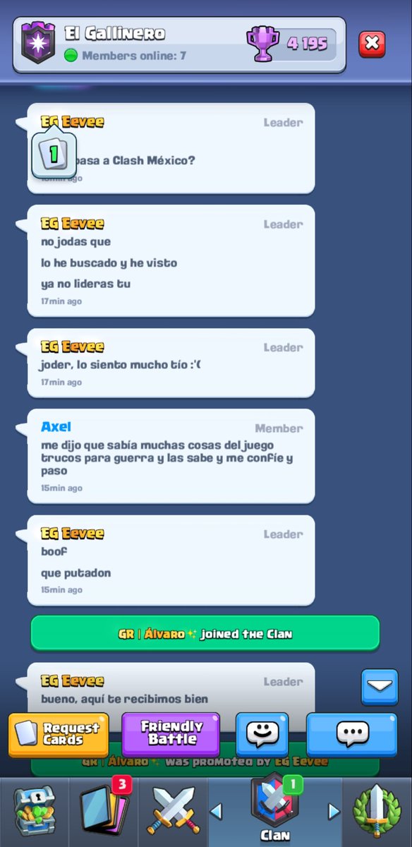 Máxima difusión porfavor, el clan @Clash_Mexico_CR ya no lo lidera @Axel_H17, pues se lo han "robado".
Así es el nuevo líder de ese clan, un mentiroso... Porfavor difundan esto y todo mi apoyo para @Axel_H17 #FamiliaGallinero #clashroyale