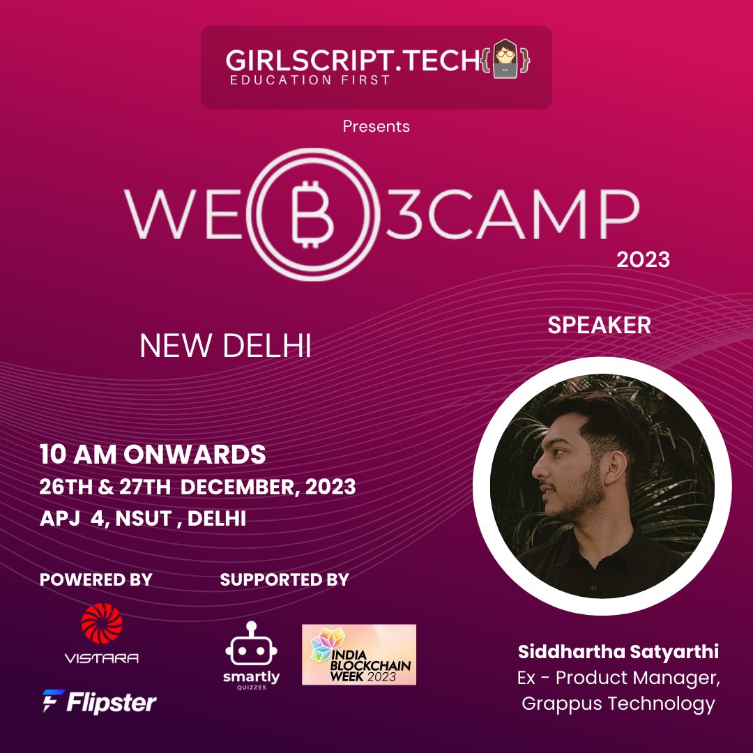 Looking forward to Day 2 of #web3camp and we will be hosting the amazing Laisha Wadhwa <a href="/laishawadhwa/">Laisha Wadhwa</a> and Siddhartha Satyarthi <a href="/ColossalMonk/">Siddhartha Satyarthi</a>