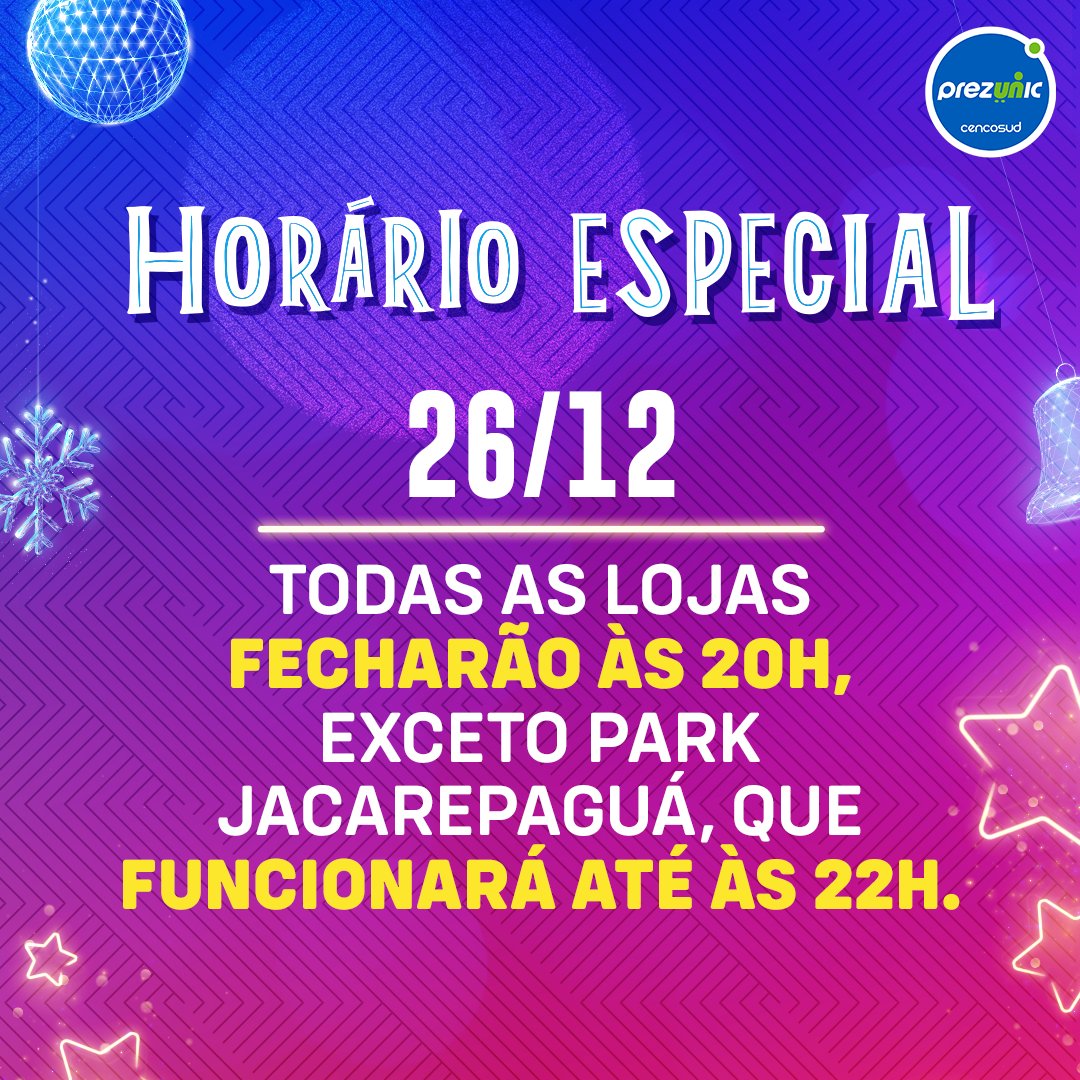 🕘Hoje nossas lojas terão um horário de funcionamento especial. Confira o horário da sua loja favorita e programe a sua visita! Na loja ou no clique, vai de Prezunic!
#Funcionamento