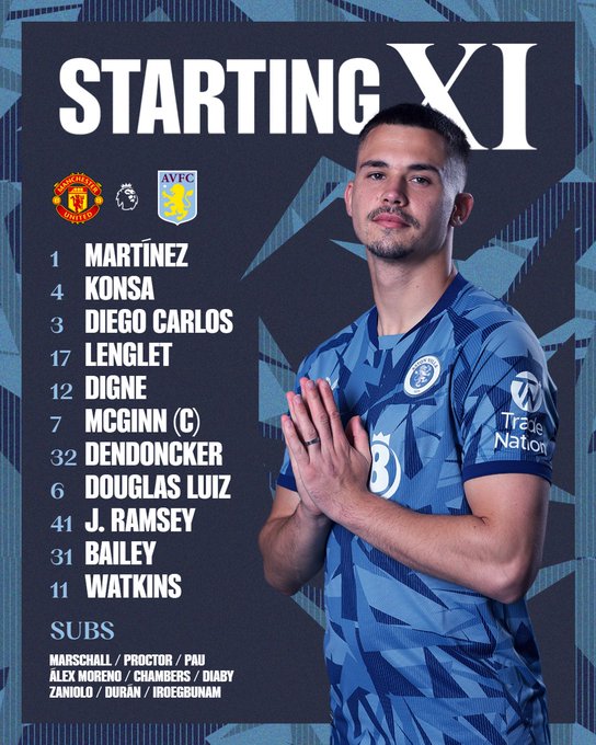 Aston Villa team to face Manchester United: Martínez, Konsa, Diego Carlos, Lenglet, Digne, McGinn (captain), Dendoncker, Douglas Luiz, Jacob Ramsey, Bailey, Watkins. Substitutes: Marschall, Proctor, Pau, Álex Moreno, Chambers, Diaby, Zaniolo, Durán, Iroegbunam.