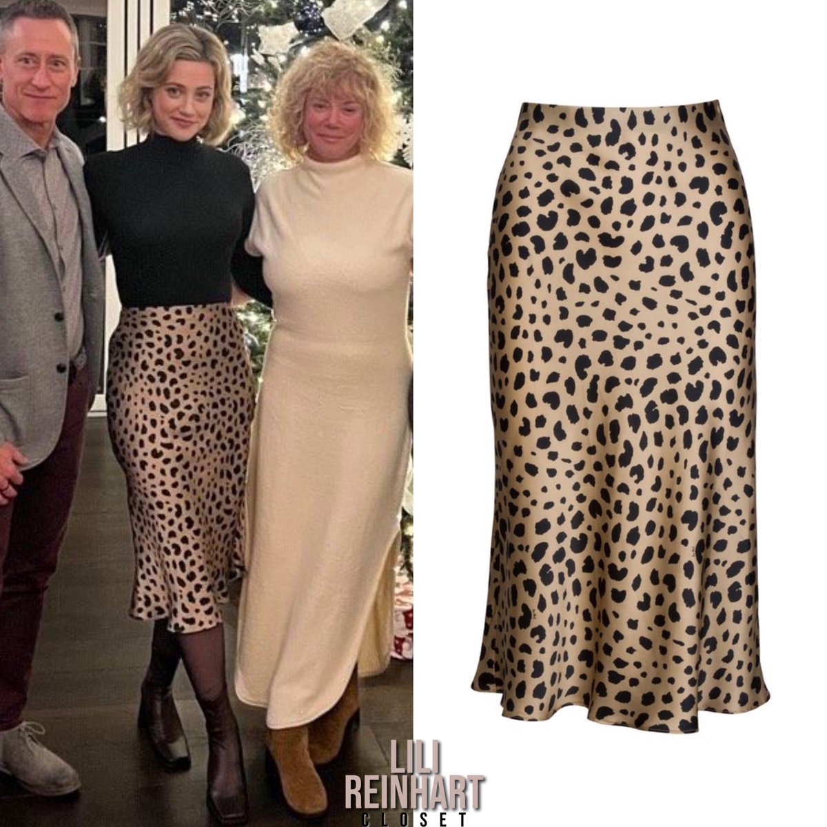 lilircloset's tweet photo. Lili wore the #RealisationPar ‘Naomi Skirt’ ($190) and was also possibly wearing the #Alohas ‘Clover - Brown Vegan Ankle Boots’ ($170) while spending Christmas Eve with her family || December 24th, 2023. https://t.co/p0mUYiKPPx