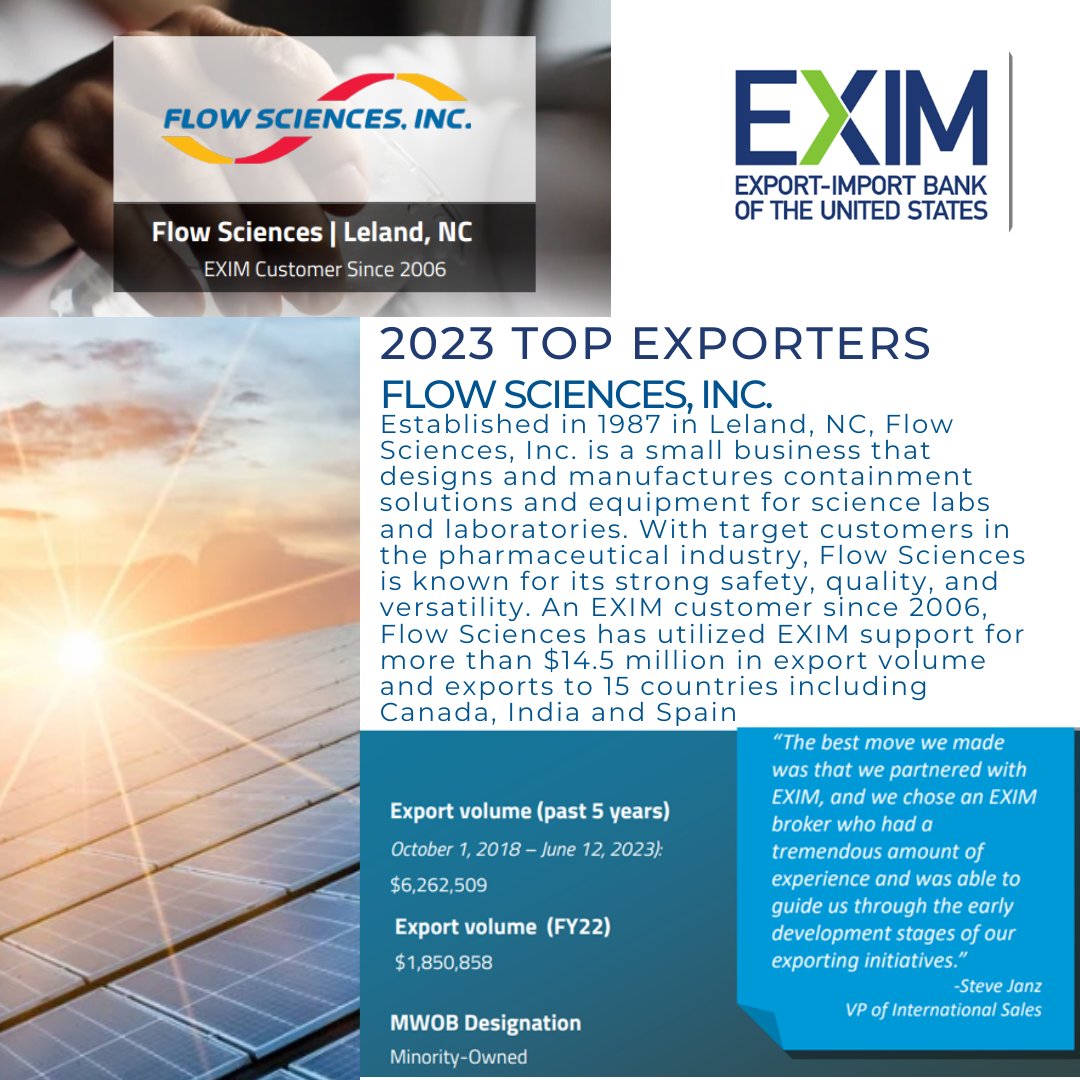 EximBankUS's tweet photo. Thrilled to share another top exporter of 2023 & #EXIM23 Exporter of the Year award recipient, @flowsciences!
As a customer since 2006, Flow Sciences has utilized #EXIM support for over $14.5 million in export volume and exports to over 15 countries! https://t.co/taOlDkRN9y