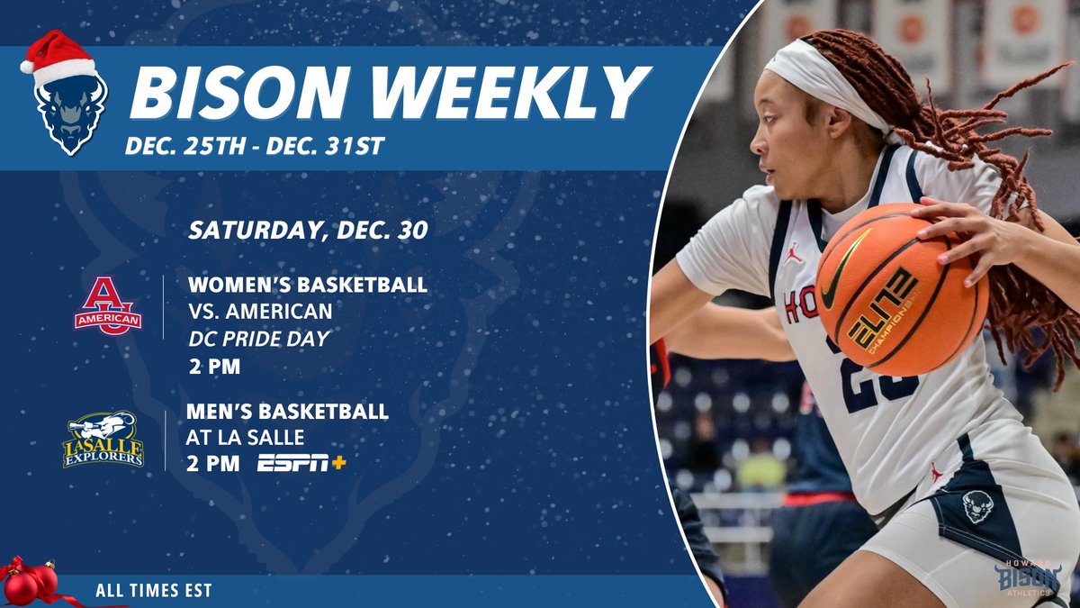 HUBisonSports's tweet photo. Two 🏀 games highlight the week ahead! 

@Howard_WBB hosts American, while @HUMensBB faces LaSalle on the road. https://t.co/nUHURjd6Mp