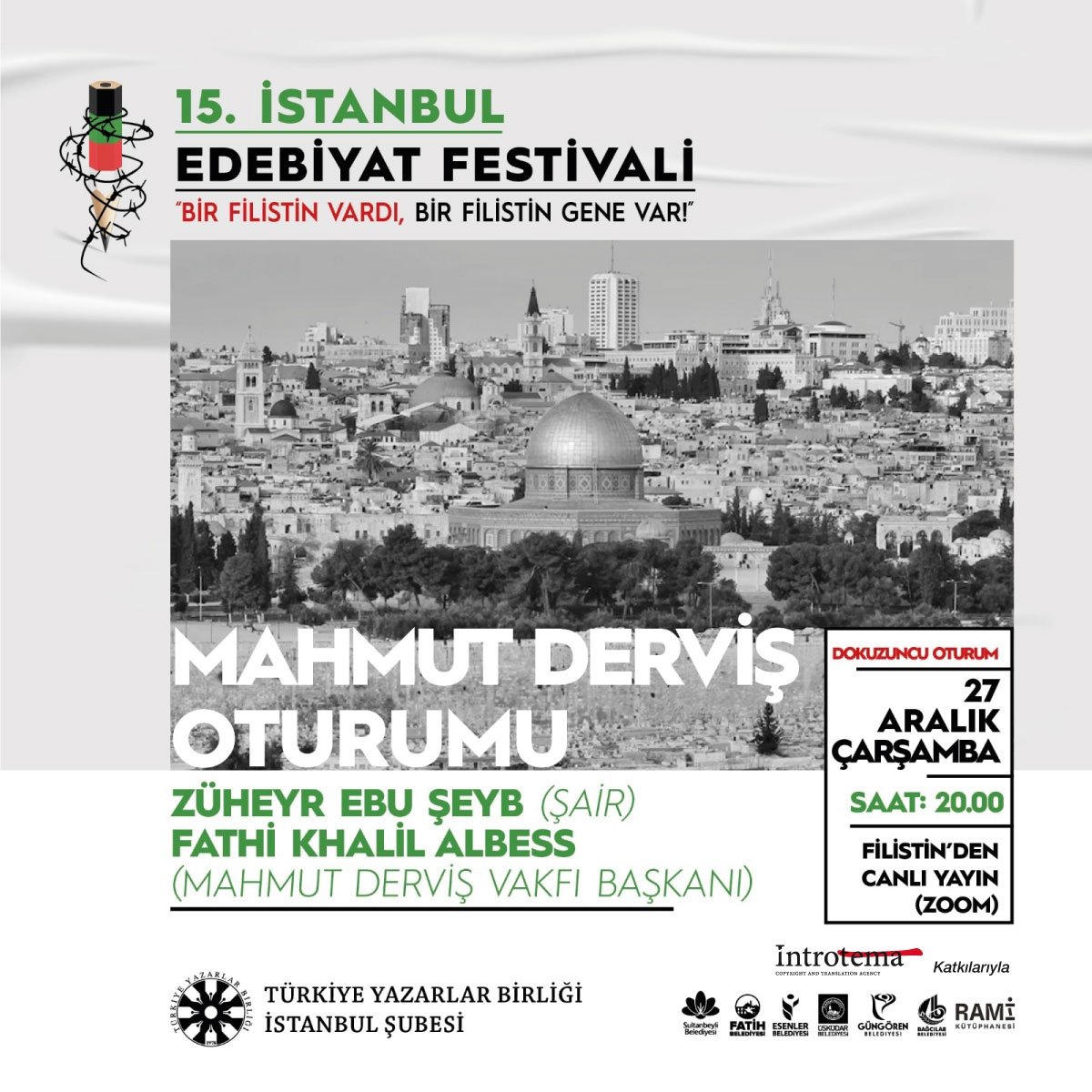 Türkiye Yazarlar Birliği <a href="/tybistanbul/">TYB İstanbul</a> tarafından bu sene 15’incisi düzenlenen İstanbul Edebiyat Festivali’nde Çarşamba akşamı çok özel bir oturum var.  Mahmut Derviş'in Filistin'i konuşulacak. 

Mahmut Derviş’in yakın arkadaşı ünlü şair ve Züheyr Ebu Şeyb ve Mahmut Derviş Vakfı