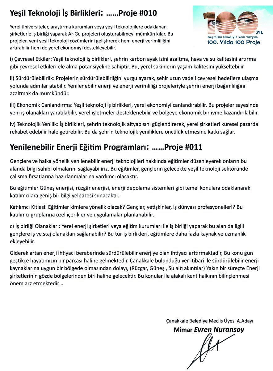 📷Yeşil Teknoloji İş Birlikleri: ……Proje #010
Yerel üniversiteler, araştırma kurumları veya yeşil teknolojilere odaklanan şirketlerle iş birliği yaparak   yeni yeşil teknoloji çözümlerini geliştirerek hem enerji verimliliğini artırabilir hem de yerel ekonomiyi destekleyebilir.