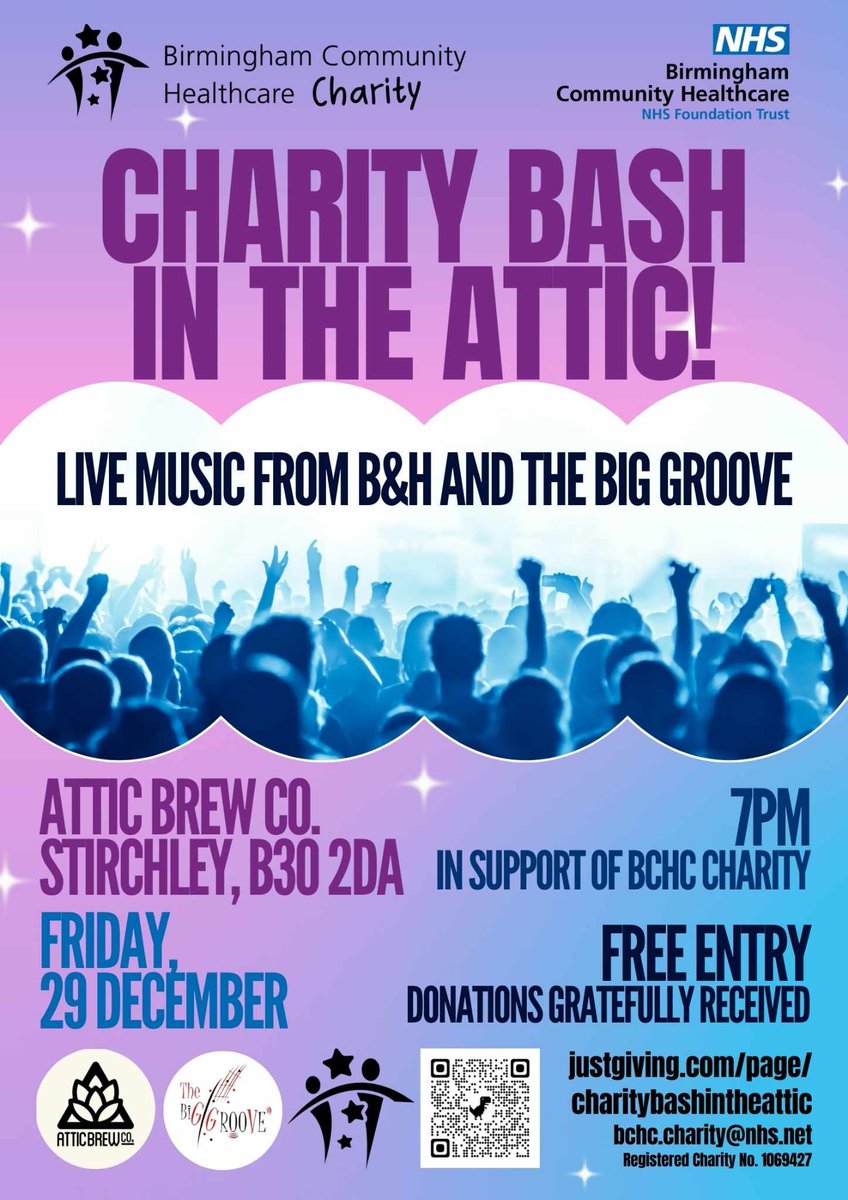 #GeekyGoingsOn @GeekyBrummie Fri 29 Dec #BCHCCharity @atticbrewco Charity Bash in the Attic! Live Music from B&H and The Big Groove