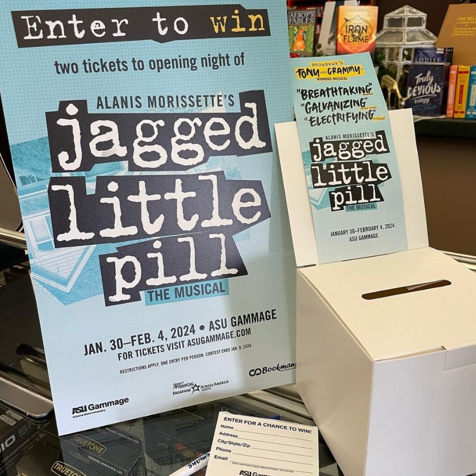 I’ve got one hand in my pocket, and the other one’s entering this free ticket giveaway... through Jan 8th, in-store <a href="/bookmansphoenix/">Bookmans Phoenix</a> and <a href="/bookmansmesa/">Bookmans Mesa</a>! One lucky person will win a pair (2) of tickets to “Alanis Morissette’s Jagged Little Pill “ on January 30th @asugammage.