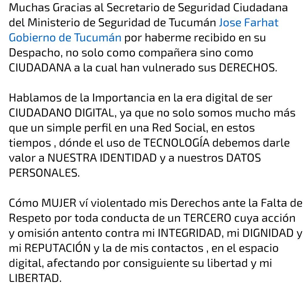 FlorRochaOk's tweet photo. Gracias al Sec. de Participación Ciudadana del Min. de Seguridad del @GobiernoTucuman, @JoseFarhatok por recibirme , y ponerse a disposición para erradicar la Violencia contra las Mujeres en las Redes Sociales y luchar por la reglamentar la PROTECCIÓN d la IMAGEN DIGITAL💜✊ https://t.co/wXW3Qh6JpK