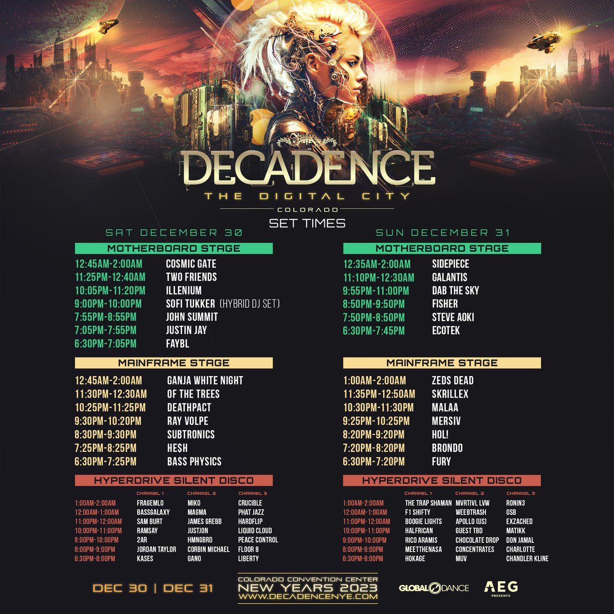DecadenceNYE's tweet photo. CITIZENS! It's nearly time to return to our Digital City of Decadence, and we're ready to plan our night with the official set times out NOW 😱 Who are your can't miss sets for this NYE season?! https://t.co/gBouvEhbAd