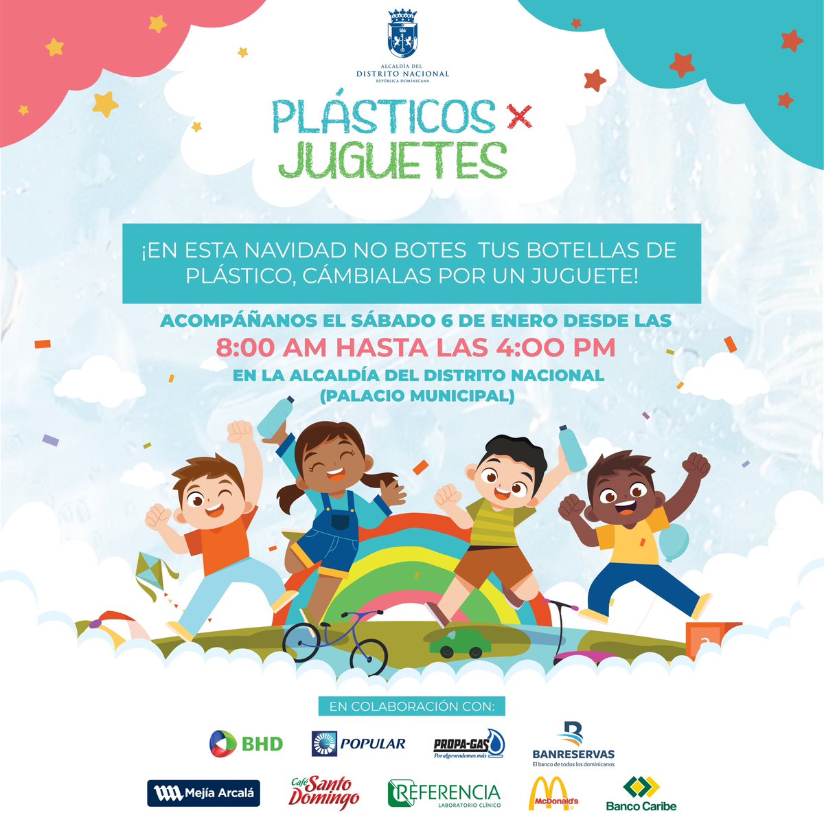 ¡Plásticos x Juguetes vuelve! 🧸💙
En esta Navidad no botes tus botellas de plástico, cámbialas por un juguete.

Este sábado 6 de enero desde las 8:00 AM hasta las 4:00 PM en nuestro Palacio Municipal ubicado en el Centro de los Héroes.

¡Te esperamos!
#PlásticosxJuguetesADN
