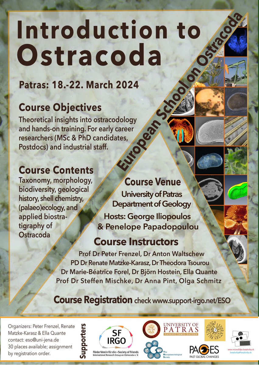 🌍Exciting news! Registration is open for European School on Ostracoda at Patras University, Greece, 18-22.03.24. Visit support-irgo.net/eso/ or email eso@uni-jena.de. Scholarships are available, thanks to the support of @PAGES_IPO and @MicropalaeoSoc. Apply now! #Ostracoda 📚