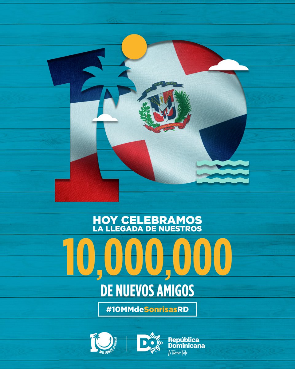 TurismoRD's tweet photo. ¡El gran día ha llegado! 🙌😍

¡Hoy, por primera vez República Dominicana llega a 10 millones de visitantes 🇩🇴🎉! Y de manera simultánea estamos celebrando en los 🛬 aeropuertos de Punta Cana, Santo Domingo, Santiago y las dos terminales de Cruceros; Taíno Bay y Amber Cove. https://t.co/84xgHOgs2J