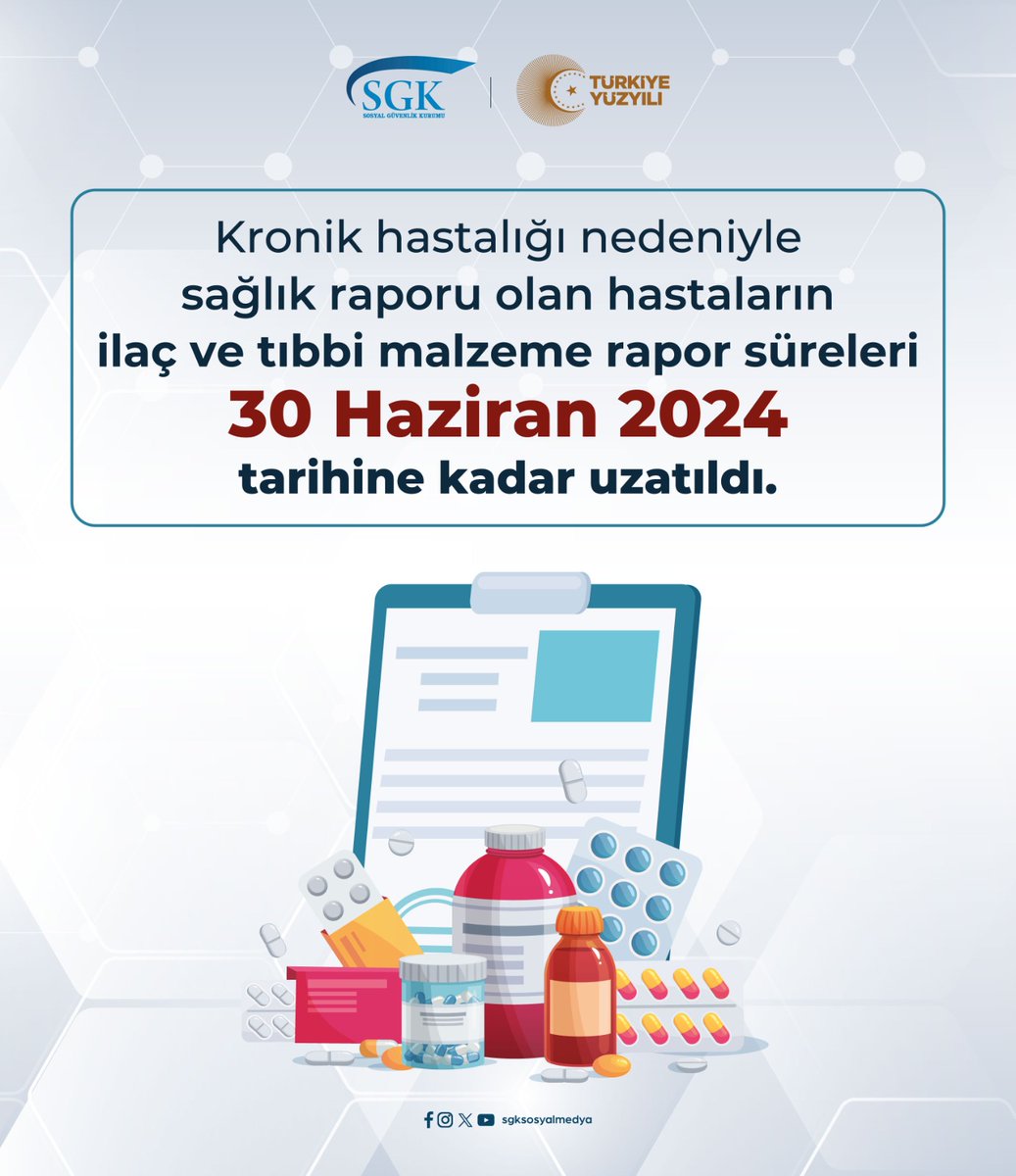 sgksosyalmedya's tweet photo. Kronik hastalığı nedeniyle sağlık raporu olan hastaların ilaç ve tıbbi malzeme rapor süreleri 30 Haziran 2024 tarihine kadar uzatıldı❗ https://t.co/3sSpZoArvT