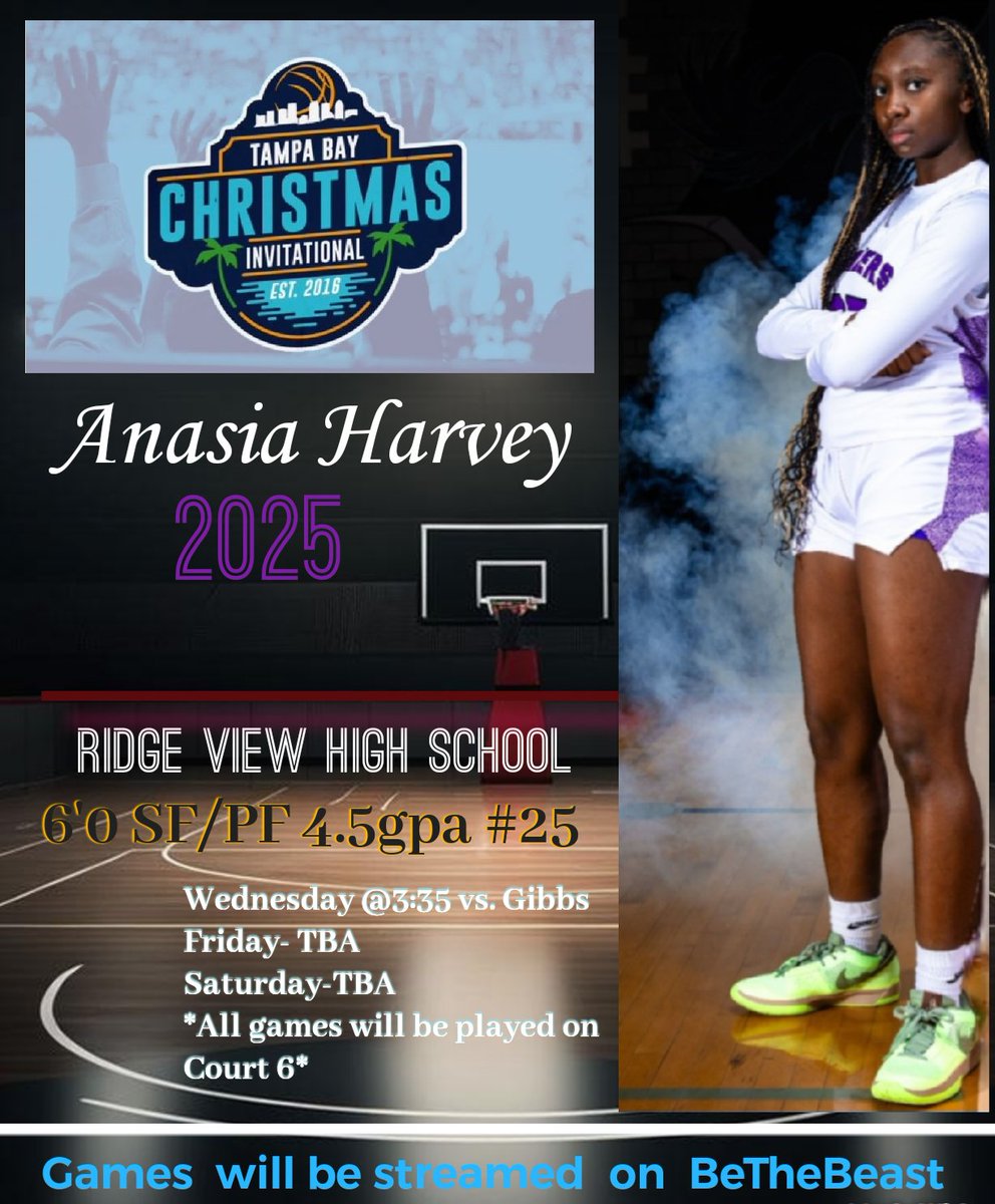 Check out @AnasiaHarvey and the Ridge View Lady Blazers at the @TBChristmasInv December 27th-30th at Wiregrass Ranch Sports Complex, Wesley Chapel Fl. 💜🖤 @Dominic60464955