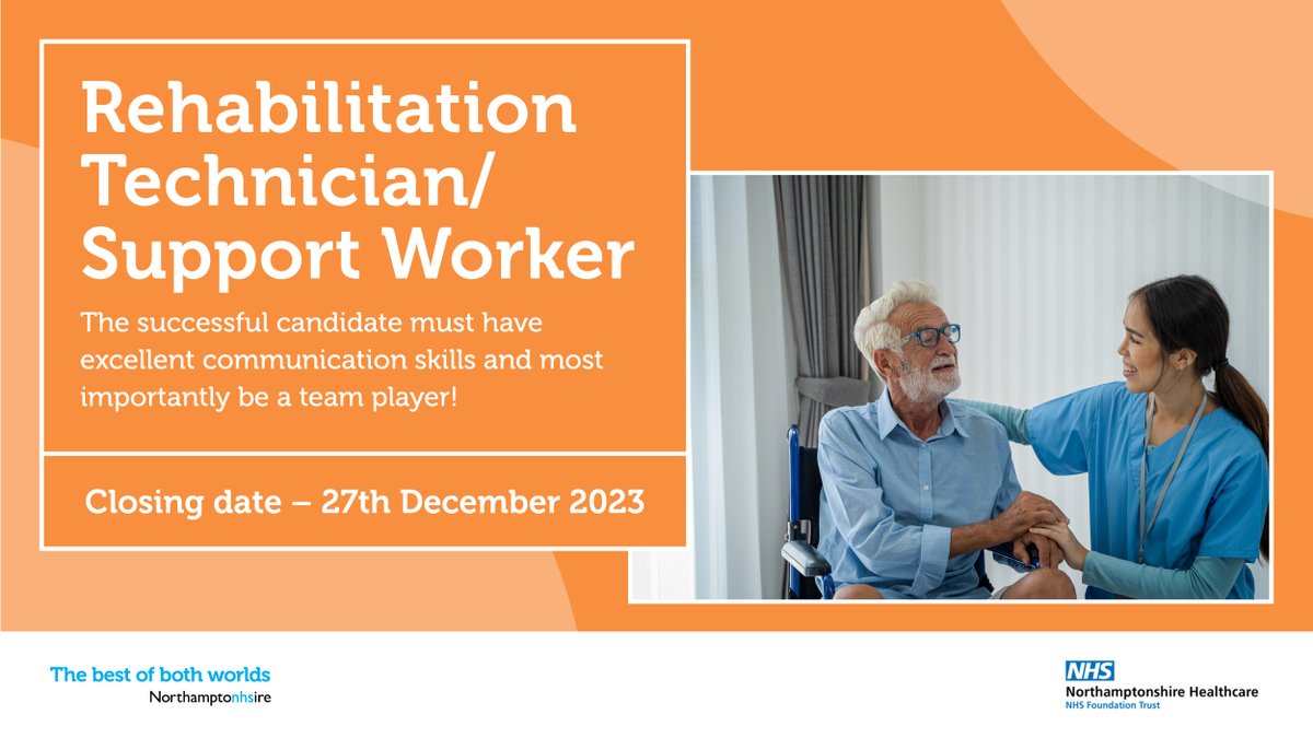 An opportunity has arisen for a self-motivated and resourceful band 4 Rehabilitation Technician/Support Worker to join the busy team at <a href="/NHFTNHS/">Northants Healthcare</a> - zurl.co/9YJB #TeamNHFT #NHS #Careers