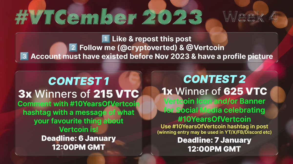cryptoverted's tweet image. #VTCember Week 4 - Vertcoin Giveaway

2 CONTESTS (Total 1270VTC)
3x winners of 215 VTC (Chosen random - follow rules!)
1x winner of 625 VTC  (Icon/Banner contest)

- Like &amp;amp; RT
- Follow me and @Vertcoin
- Use hashtags in rules (see images)
- Follow individual rules in image