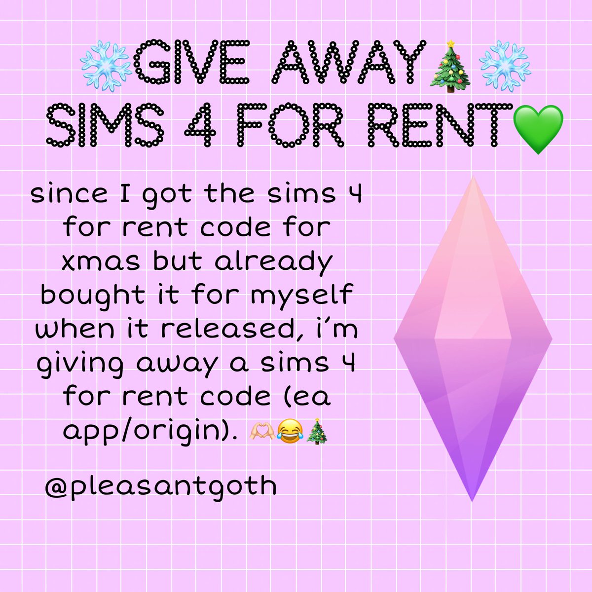 GIVE AWAY❄️💗 SIMS 4 FOR RENT (ea app code) #ts4 #thesims #TheSims4 #Giveaway 

how to enter:
1️⃣repost this
2️⃣follow me
3️⃣comment who’s your fave townie

❄️the winner will be randomly generated on Friday the 29th december❄️

This give away is not associated with EA or X/twitter.