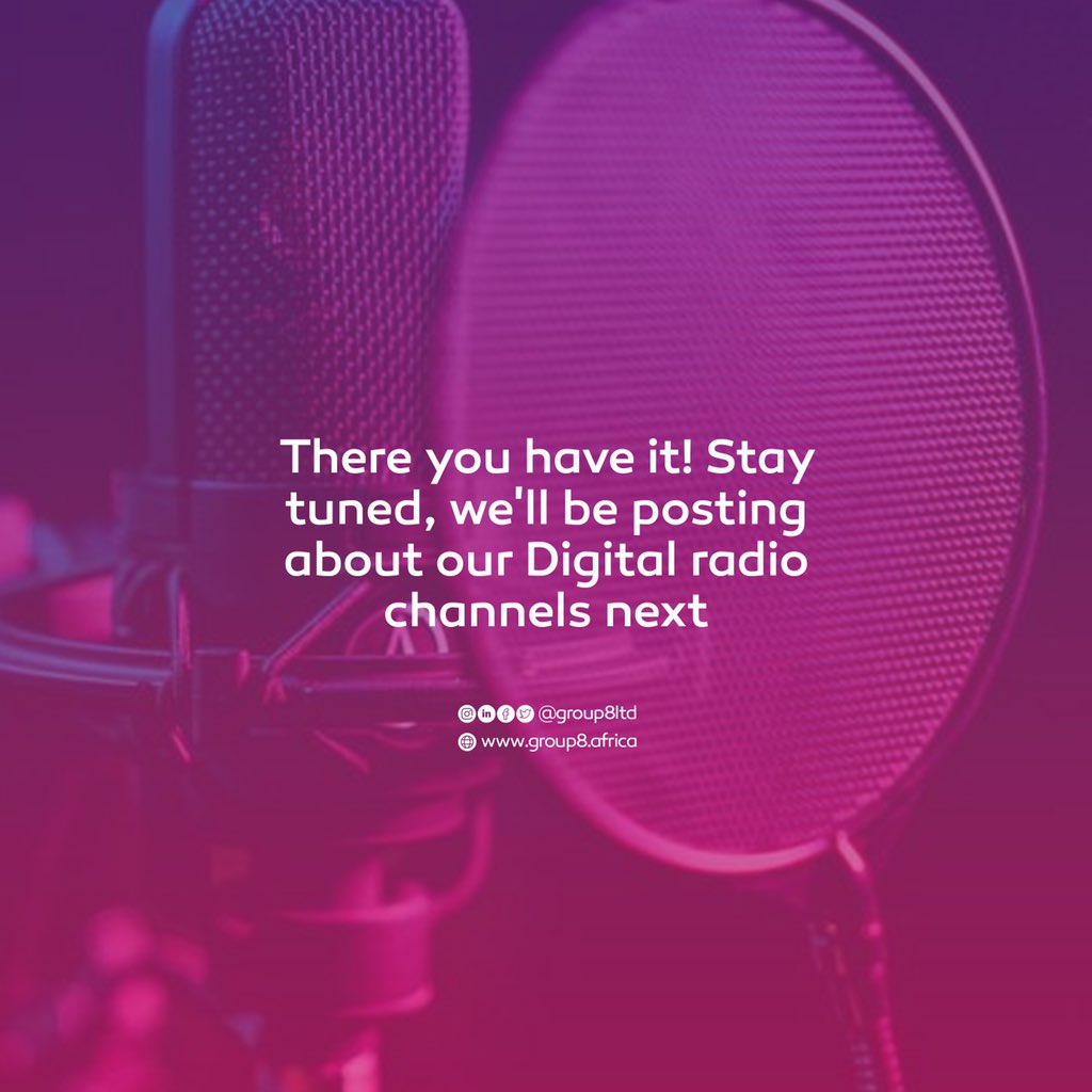 group8LTD's tweet photo. #group8 #group8LTD
.
.
#AfricanContentCreator #AfricanMedia #radio #music #radioshows #radiochannels #excellence #media #tech #africa #mediatech #lifestyle #africanlifestyle #innovation #creativity #broadcast https://t.co/Co6CbVLgdJ
