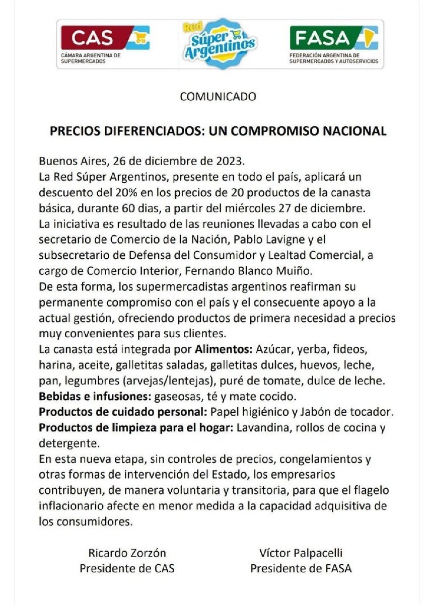 Sin la pistola estatal en la cabeza, sin congelamientos d precios y sin coerción estatal alguna, de manera voluntaria los supermercados bajan los precios para ayudar en este enorme esfuerzo colectivo de la Nueva Argentina encabezado por el Presidente <a href="/JMilei/">Javier Milei</a>.