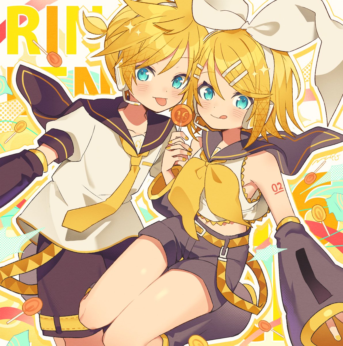 kagamine len ,kagamine rin lollipop 1girl candy 1boy food tongue out tongue  illustration images