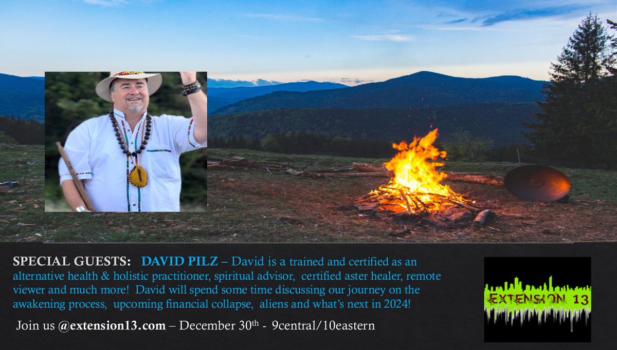 SPECIAL GUESTS: DAVID PILZ !  Join us to discuss our journey on the awakening process, upcoming financial collapse, aliens and what’s next in 2024!

Join us <a href="/extension13/">José de Los Llanos</a>.com – December 30th -  9central/10eastern