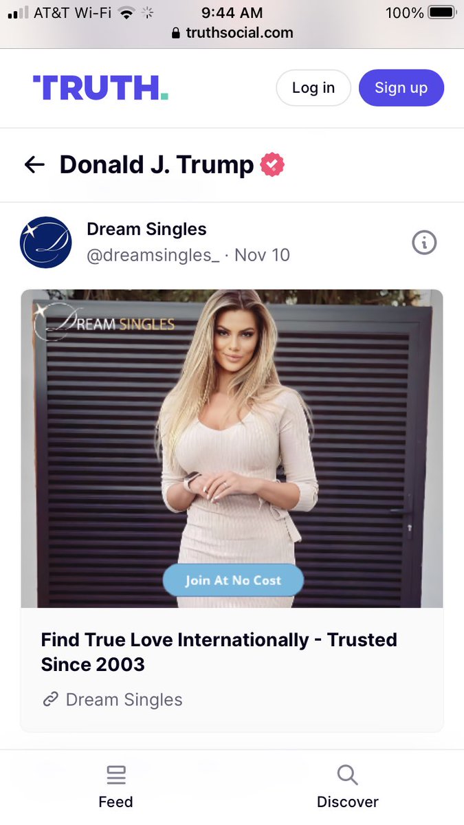 lllleann's tweet photo. @ramzinohra01 @patdeklotz I scrolled through his timeline— it was still there. I got a good laugh from this social media algorithm in Trump’s feed: an ad pops in for mail order brides, then an Xmas pic of Trump’s most recent selection 😜 https://t.co/MeBFRdtAuK