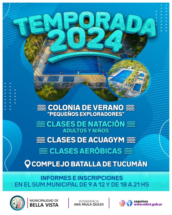 municbellavista's tweet photo. 📷📷 TEMPORADA 2024 📷📷
Nuestro Complejo Batalla de Tucumán te espera con un montón de actividades.
¿Cuáles vas a elegir?
📷 Informes e inscripciones en el SUM Municipal de 9 a 12 hs. y de 18 a 21 hs.
#verano2024
#BellaOtraVez https://t.co/aLJ8Aif8Yj