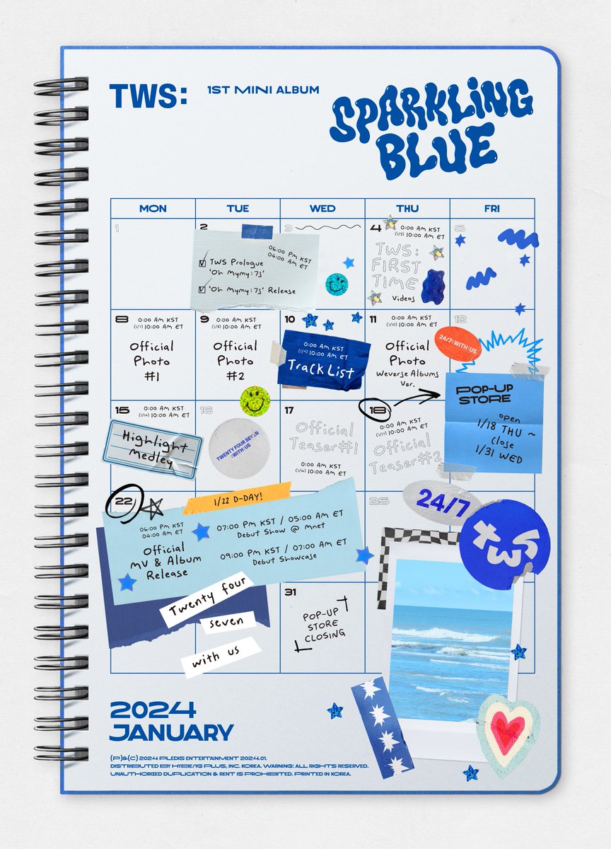 TWS : Promotion Scheduler

🕕 Pre-Release Single ‘Oh Mymy : 7s’
2024.01.02 6PM (KST)

🫧 1st Mini Album ‘Sparkling Blue’
2024.01.22 6PM (KST)

#TWS #투어스 #247WithUs
#Sparkling_Blue
#OhMymy_7s