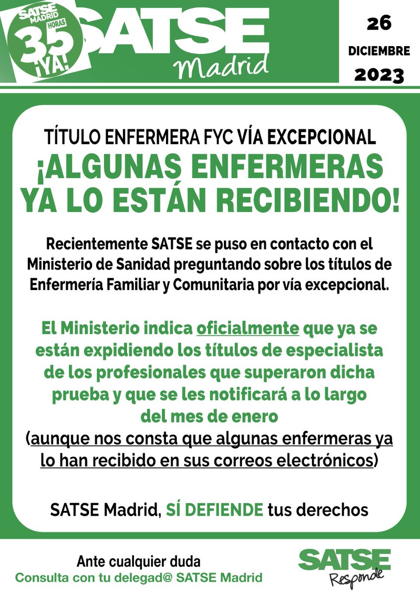SATSE_Madrid's tweet photo. No es 🎅 sino @sanidadgob 
Están llegando por 📧 los títulos de enfermeria especialista en Familiar y Comunitaria por vía excepcional
El grueso de notificaciones llegará en enero
Nuestro próximo objetivo, reconocimiento pleno de ésta y del resto de especialidades enfermeras https://t.co/y9PYDESh7v
