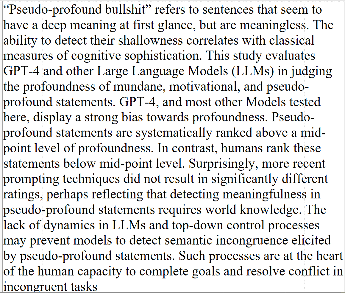 DegenRolf's tweet photo. Large Language Models tend to misjudge pseudo-profound bullshit as "deep" even more than humans do.
https://t.co/rOrKKCTrpb https://t.co/rBdiWDcWhX