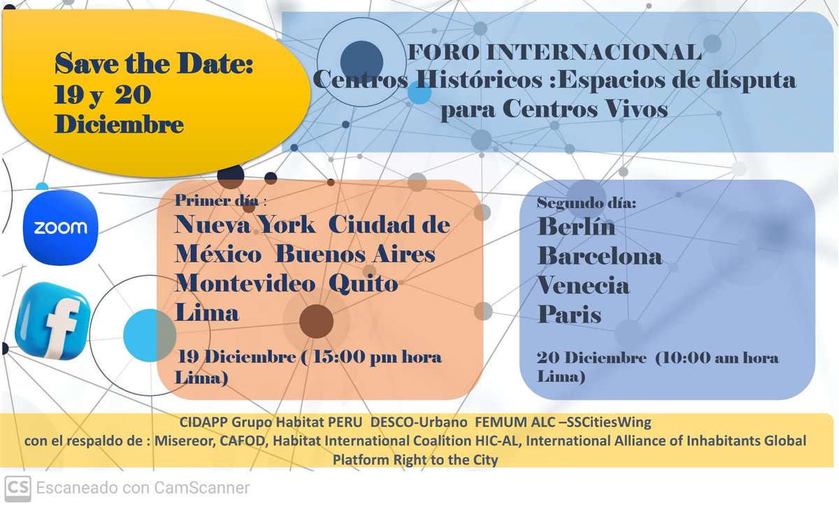 Femum's tweet photo. Este 19-20  Dic la Webinar "Centros Históricos Centros Vivos" reunió a Barcelona Quito CDMéxico Berlín Venecia Buenos Aires Montevideo París y Lima. GRACIAS TOTALES!! @cidapperu @Desco 🌎🌍 @habitat_intl @HIC_AL @RigOTAht2CityGP 💐 @urbancampaign @MaimunahSharif @harbeenarora https://t.co/8HhbupsIeF