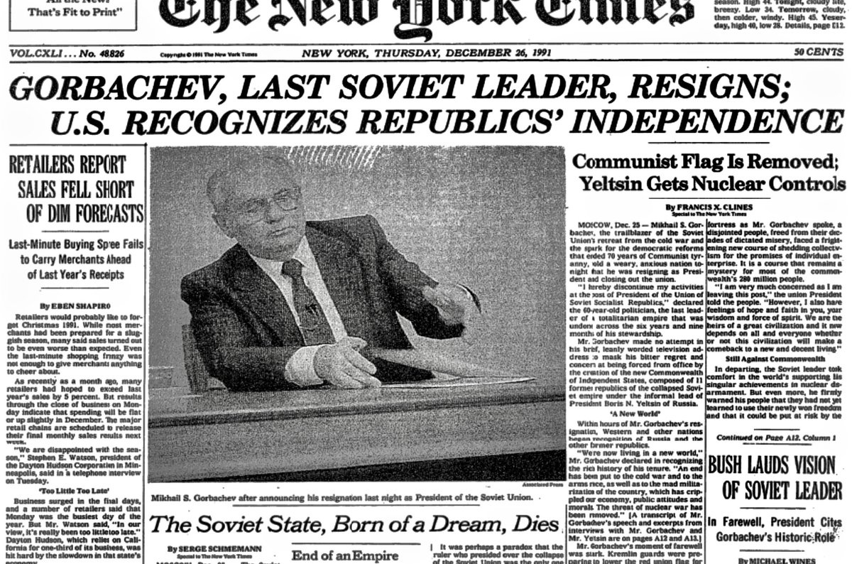 BeschlossDC's tweet photo. End of the Soviet Union, reported by New York Times today 1991: https://t.co/CLVoeFNGFs