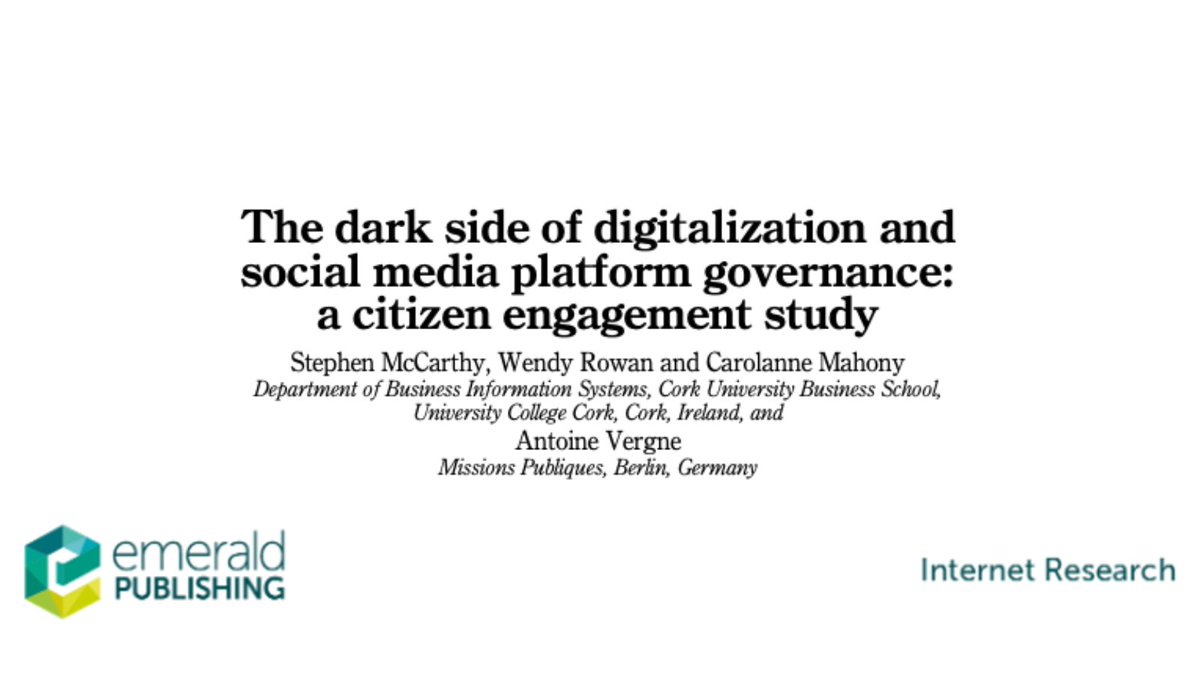 Recently published article in #InternetResearch Vol 33 Iss 6: “The dark side of digitalization and social media platform governance: a citizen engagement study”. bit.ly/47dVrYB #emerald #featuredpaper #research