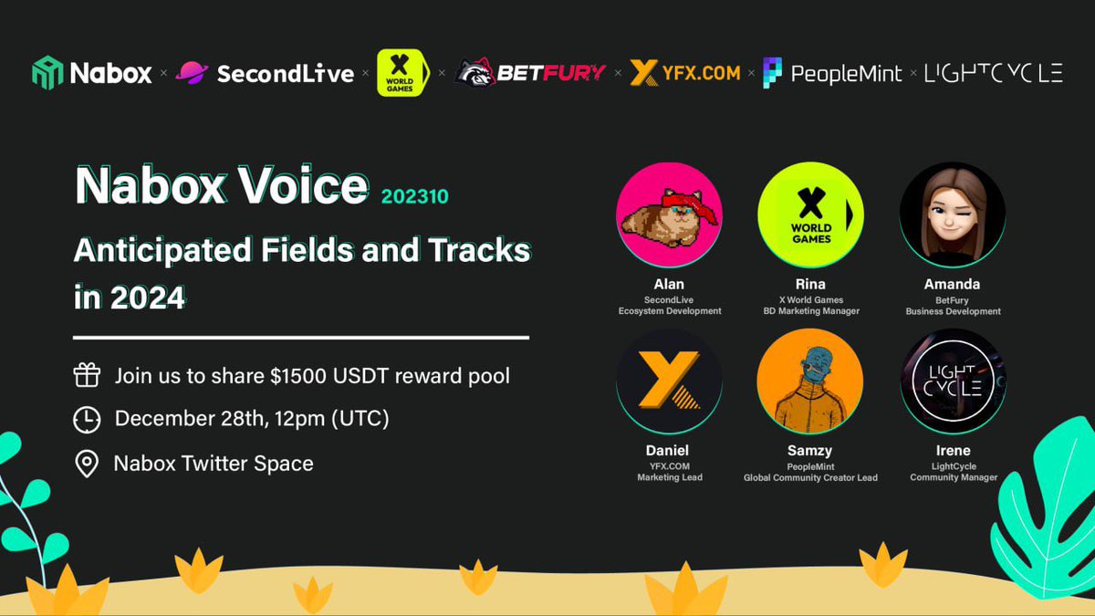 naboxwallet's tweet photo. As 2023 is coming to an end, let’s take a look ahead to anticipated fields and tracks in 2024✨
Let's hear:
🎙️Alan from @SecondLiveReal
🎙️Rina from @xwg_games
🎙️Amanda from @betfury_gaming
🎙️Daniel from @YFX_COM
🎙️Samzy from @PeopleMint_io
🎙️Irene from @LightCycle_City
⏰12 PM (UTC), Dec 28th
📍 https://t.co/eA5AQOGPGU
🎁Join us to share 1500 $USDT
#NaboxVoice #AMA #SecondLive #XWorldGames #BetFury #YFX #PeopleMint #LightCycle