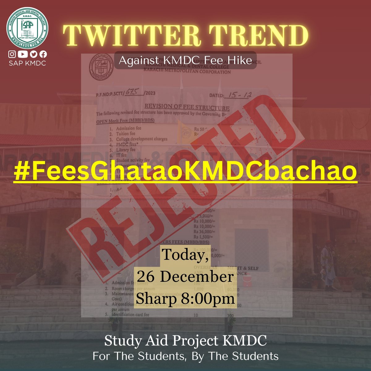 sapKMDC's tweet photo. Raise your voice against this act of injustice.
shame on @murtazawahab1 
@ARYNEWSOFFICIAL 
@DunyaNews 
@geonews_urdu 
@PTVNewsOfficial 
@MediaCellPPP 
@NaeemRehmanEngr 
@jamiatkhi 
#FeesGhataoKMDCbachao https://t.co/GGX9Q0zrxV